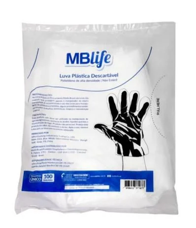 Luva Descartável Plástica Mblife C/ 100 Un Transparente