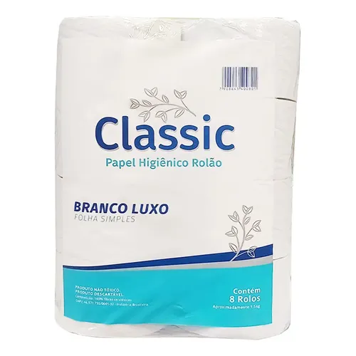 Papel Higiênico Folha Simples Classic Branco Luxo 200m –  8 Rolos