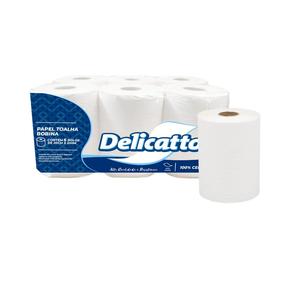 Papel Toalha Bobina 200m Delicatto 100% Celulose Gr. 32 – 6 Unidades